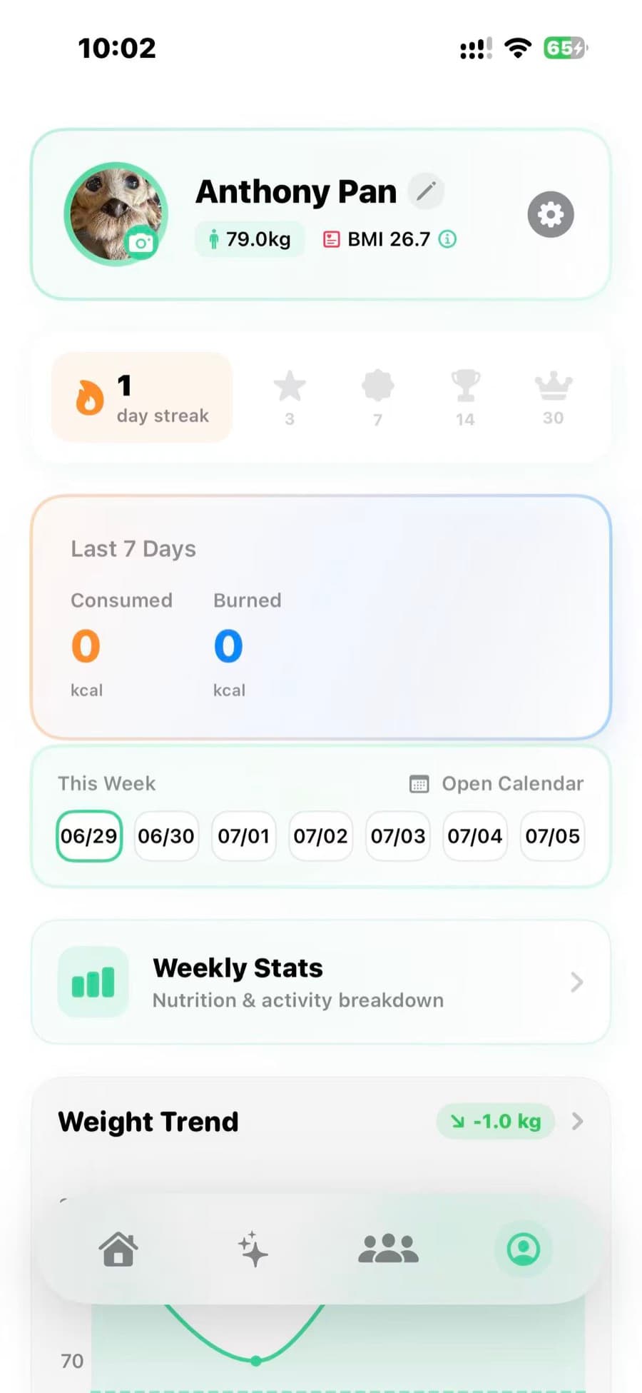 The Feedii home screen — daily streak, the last seven days, and weight trend at a glance.