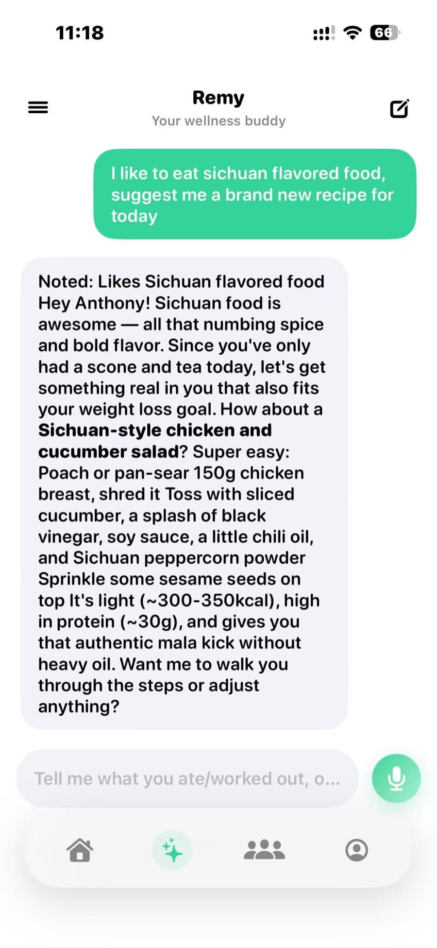 Remy, the Feedii AI coach, proposing a recipe that fits the day's calorie goal.