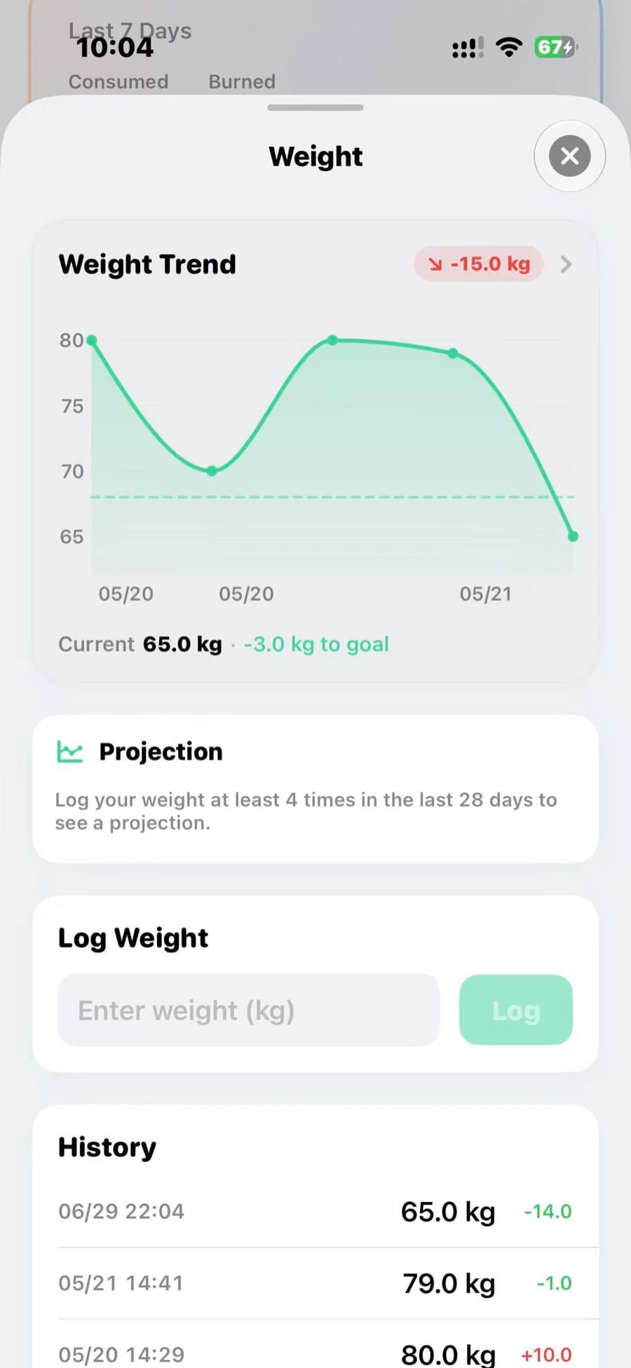 Feedii weight tracking — a trend chart with projection and logged history.