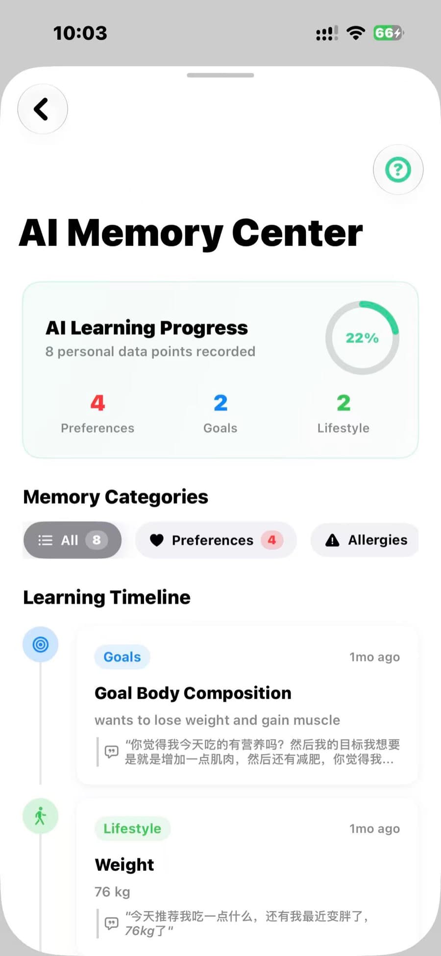 The Feedii AI Memory Center learning a user's preferences, goals, and lifestyle.