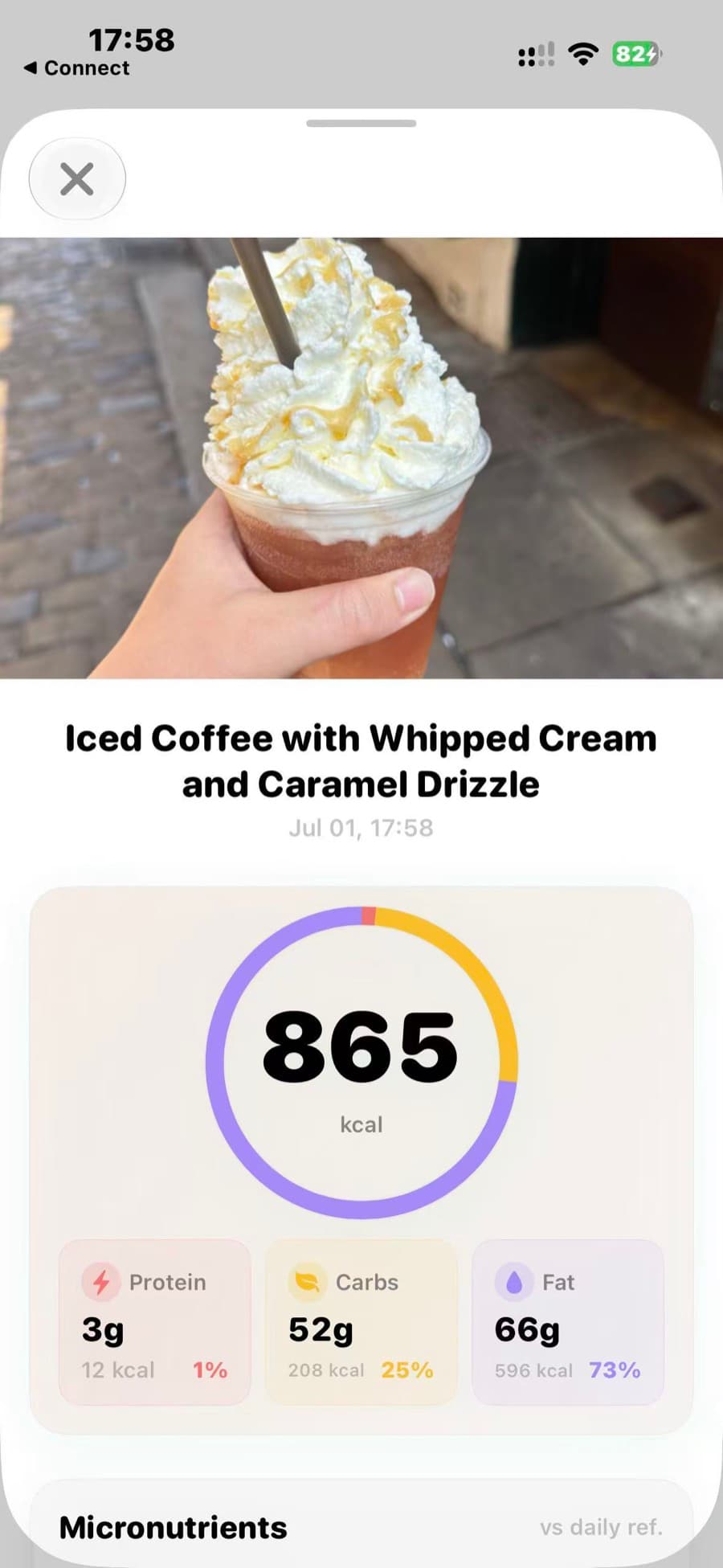 An iced coffee analysed by Feedii — 865 kcal with its macro split.