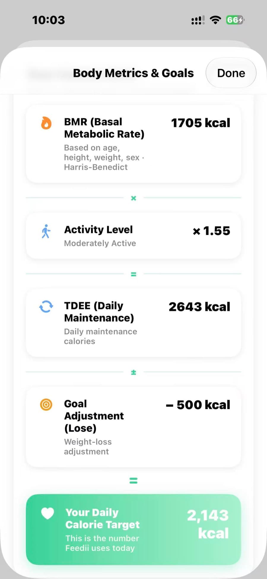 Feedii's transparent calorie maths — BMR, activity multiplier, and daily target.