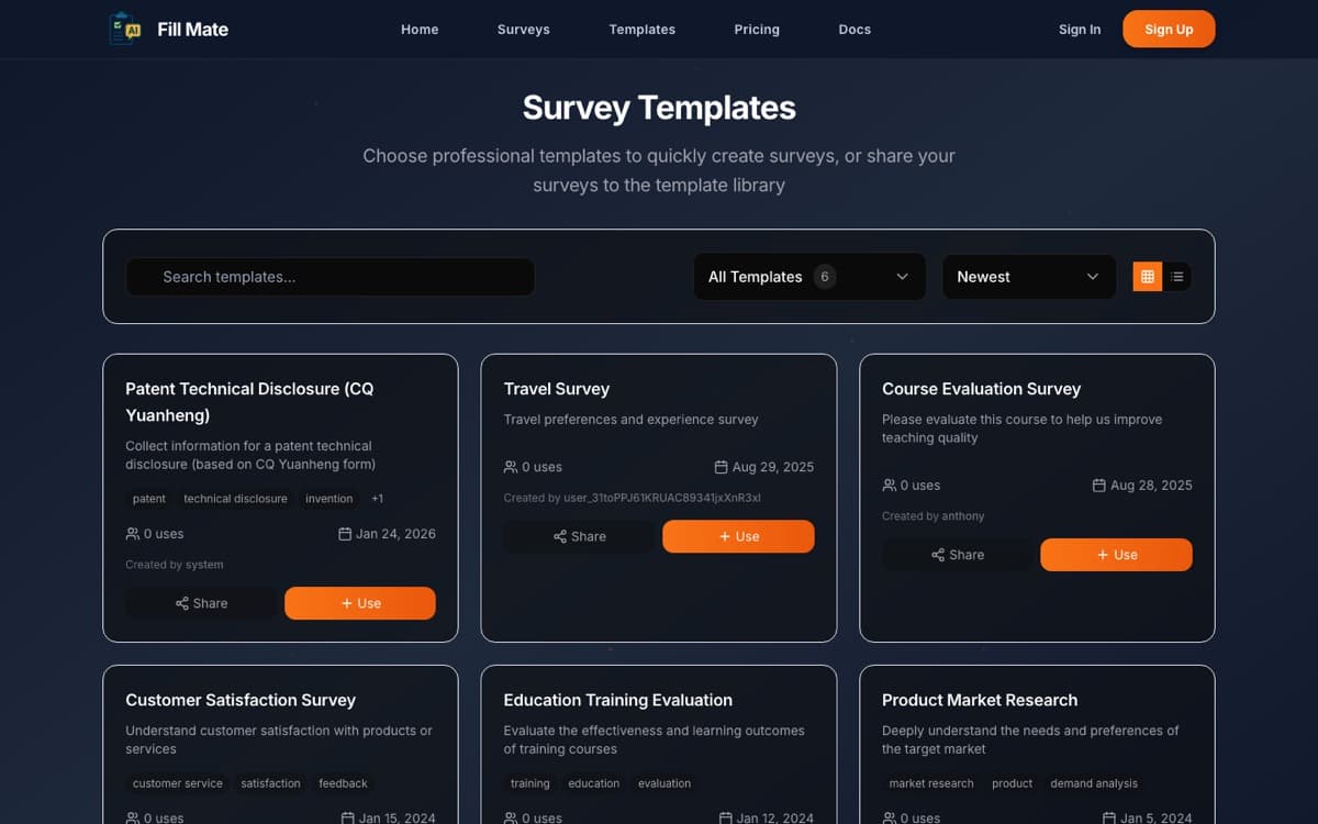 FillMate's survey-template library — a searchable gallery of ready-made studies.