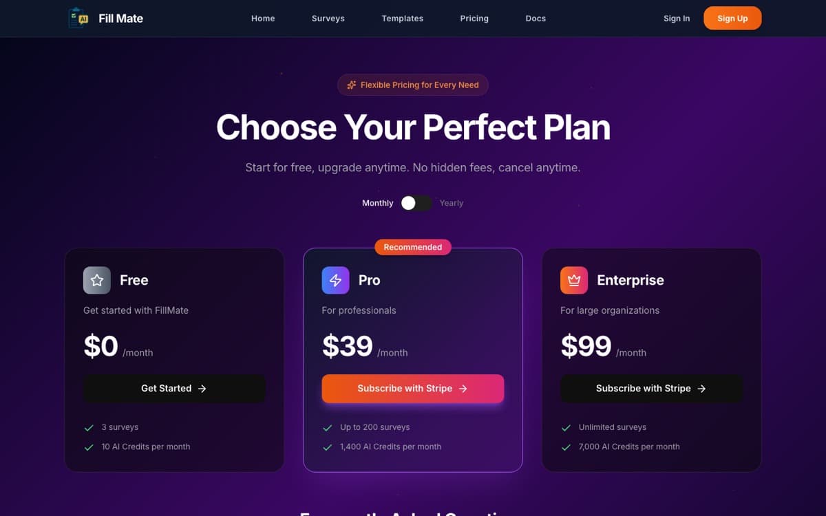 FillMate pricing — Free, Pro, and Enterprise plans.