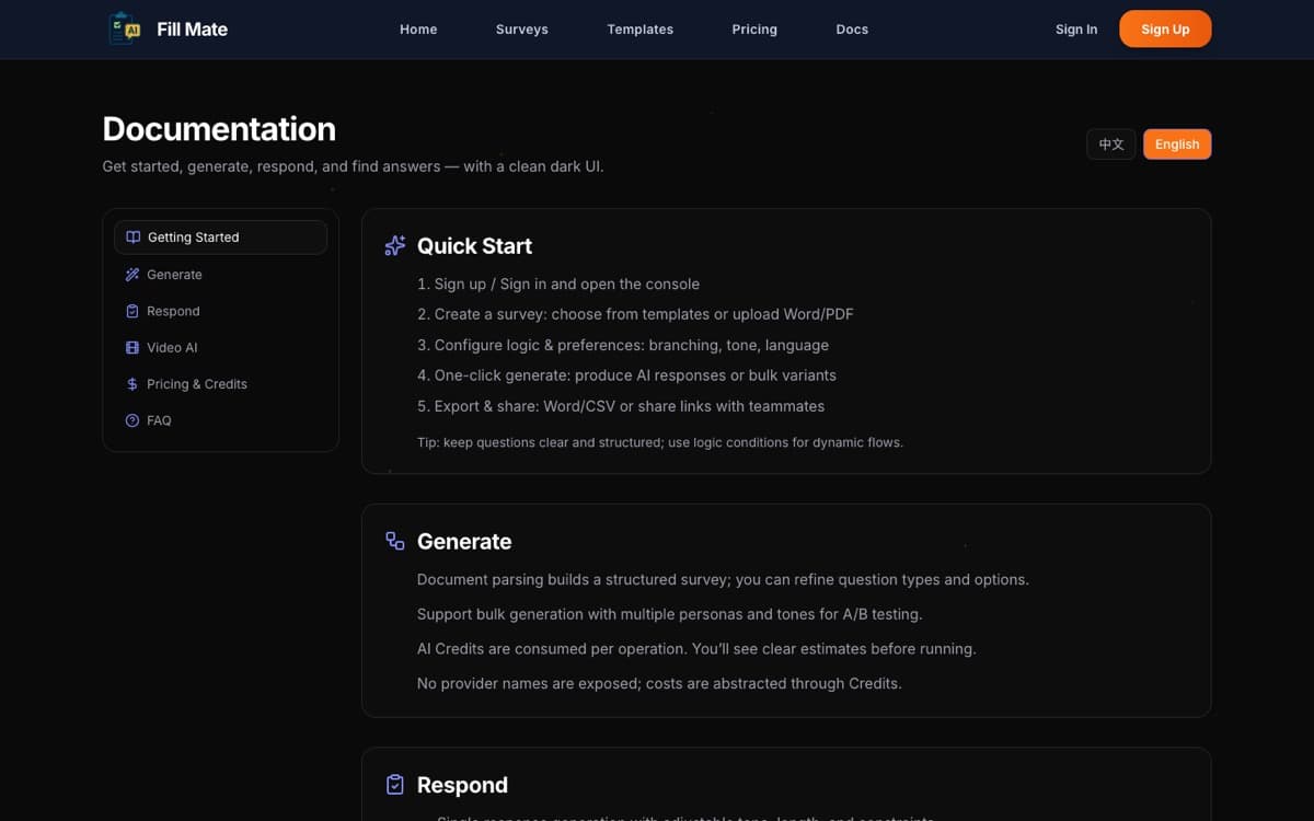 FillMate documentation — a clean quick-start for generating and fielding studies.
